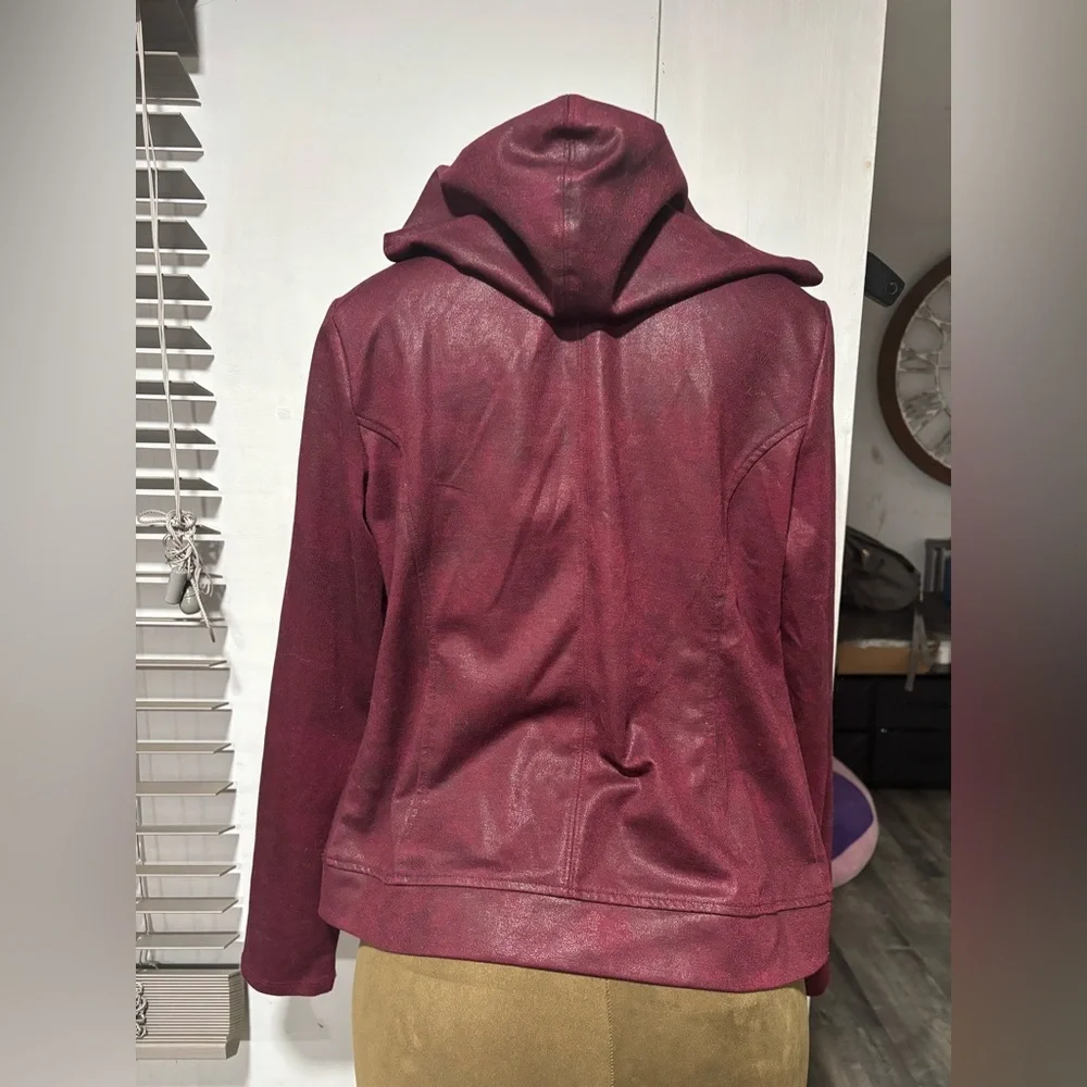 New York & Company Maroon Hooded Leather Jacket - Picture 2 of 7